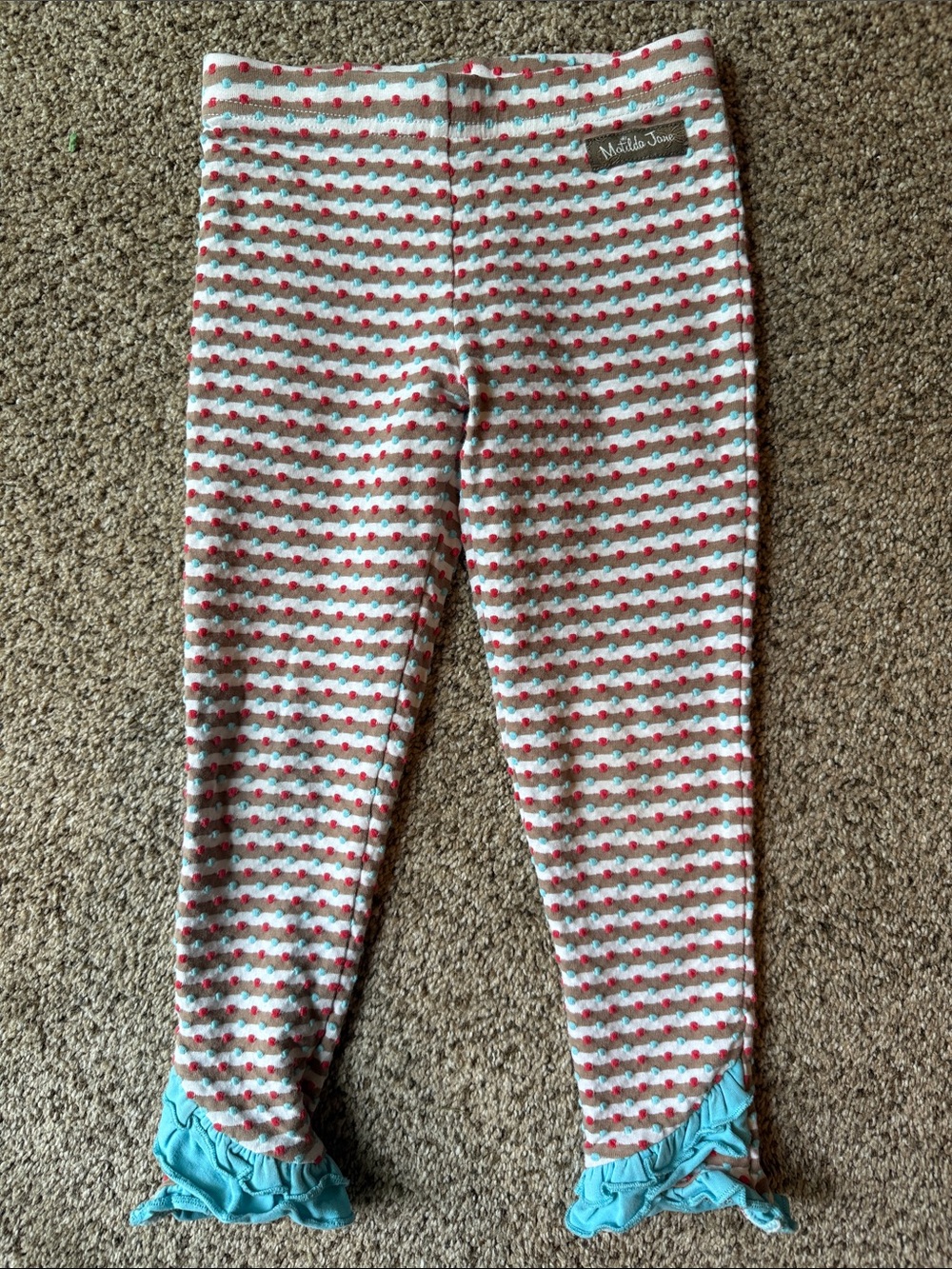 Matilda Jane | White Leggings with Red, Brown & Aqua Dot Stripes